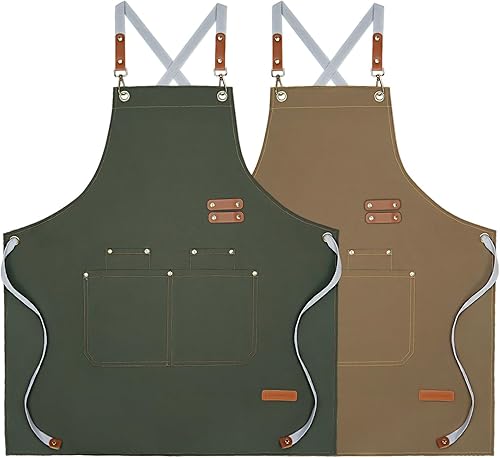 2 delantales de chef de lona impermeables, delantales ajustables con espalda cruzada para hombres y mujeres con 4 bolsillos, delantal para cocina