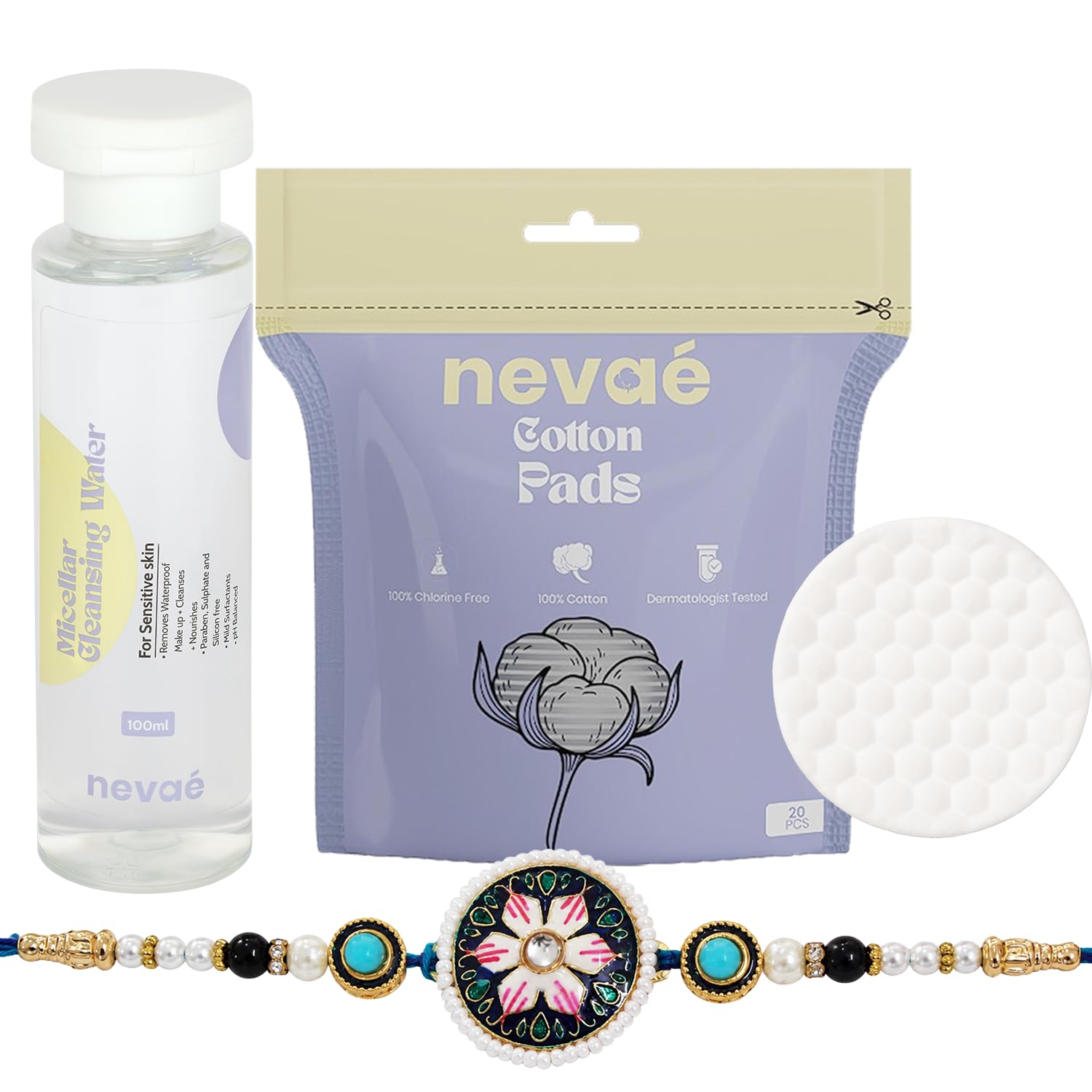 Nevae Micellar Water 100ml with 20 Pcs Cotton Pads, Designer Stone Pearl Rakhi Set for Brother-image-12