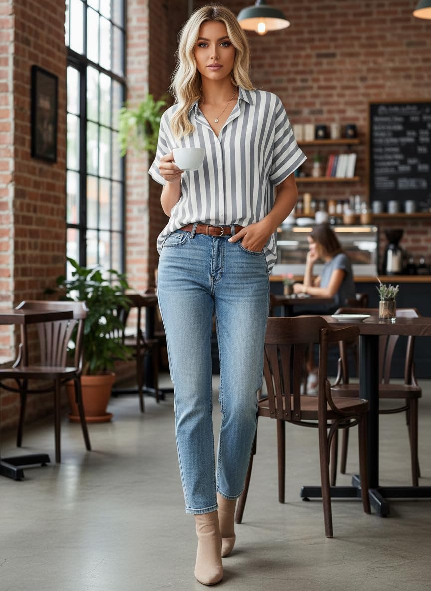 Summer Tops for Women Striped Button Down Shirts Collar Guaze Shirt Trendy Vacation Work Linen Blouse - Image 4