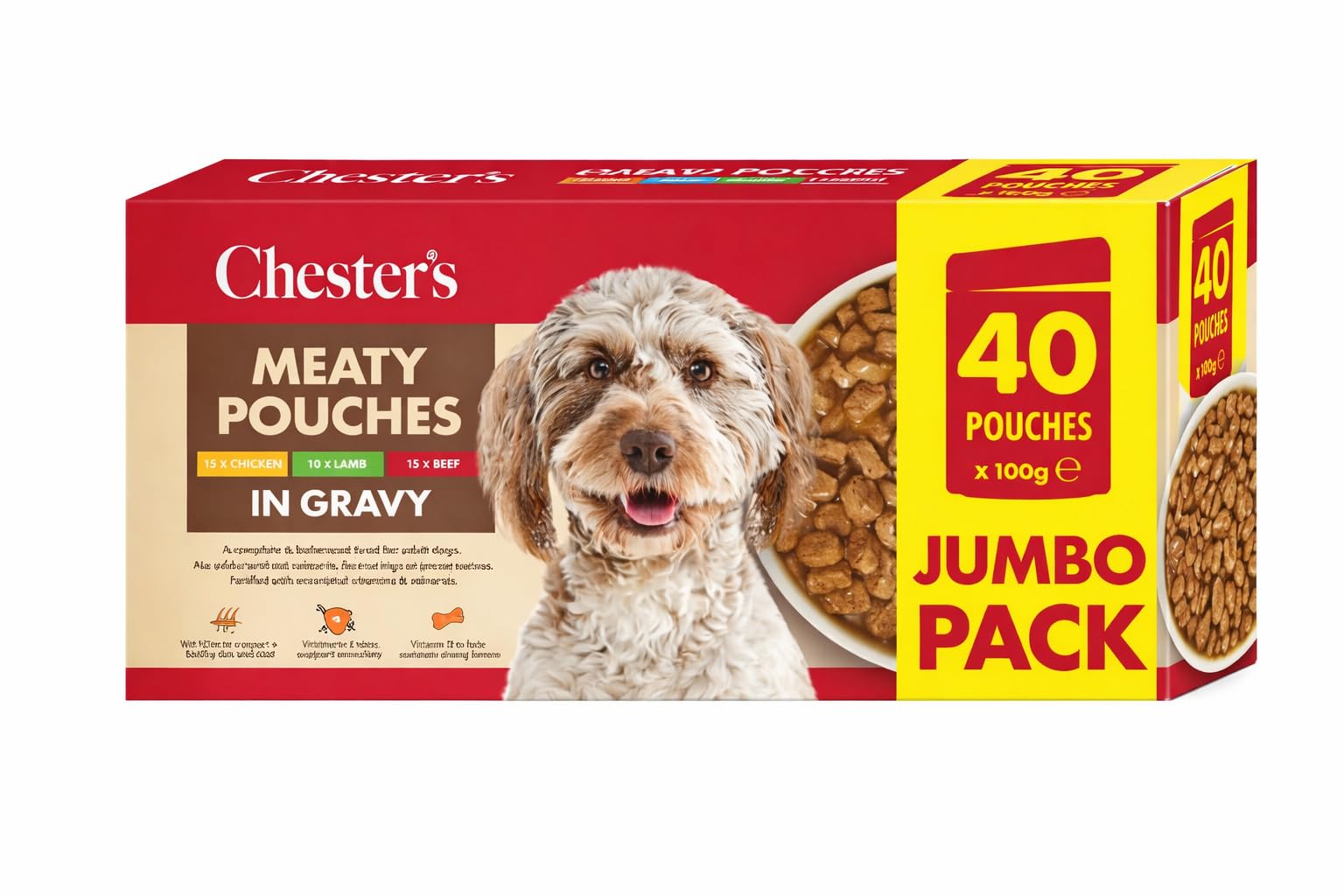 Chester’s Meaty Pouches in Gravy 40 Pack (100g Each) – Mixed Flavour Wet Dog Food (Chicken, Lamb & Beef), Complete Balanced Meals, Jumbo Pack