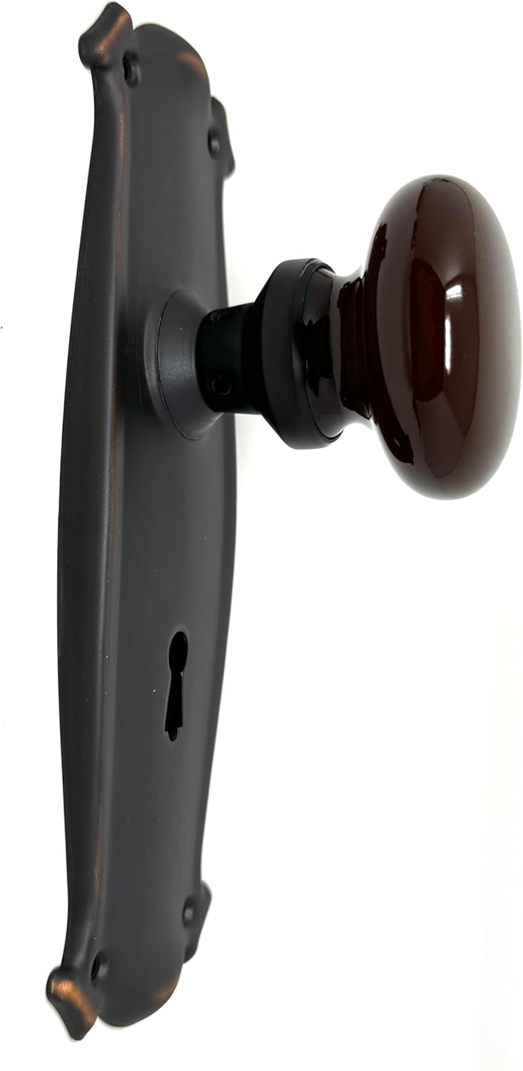 Porcelain Door Knob with Solid Brass Base on Tall Estate Stamped Metal Backplate with Oil Rubbed Bronze Finish, Single Dummy for Pantry or French Door, Installation Kit Included, Brown