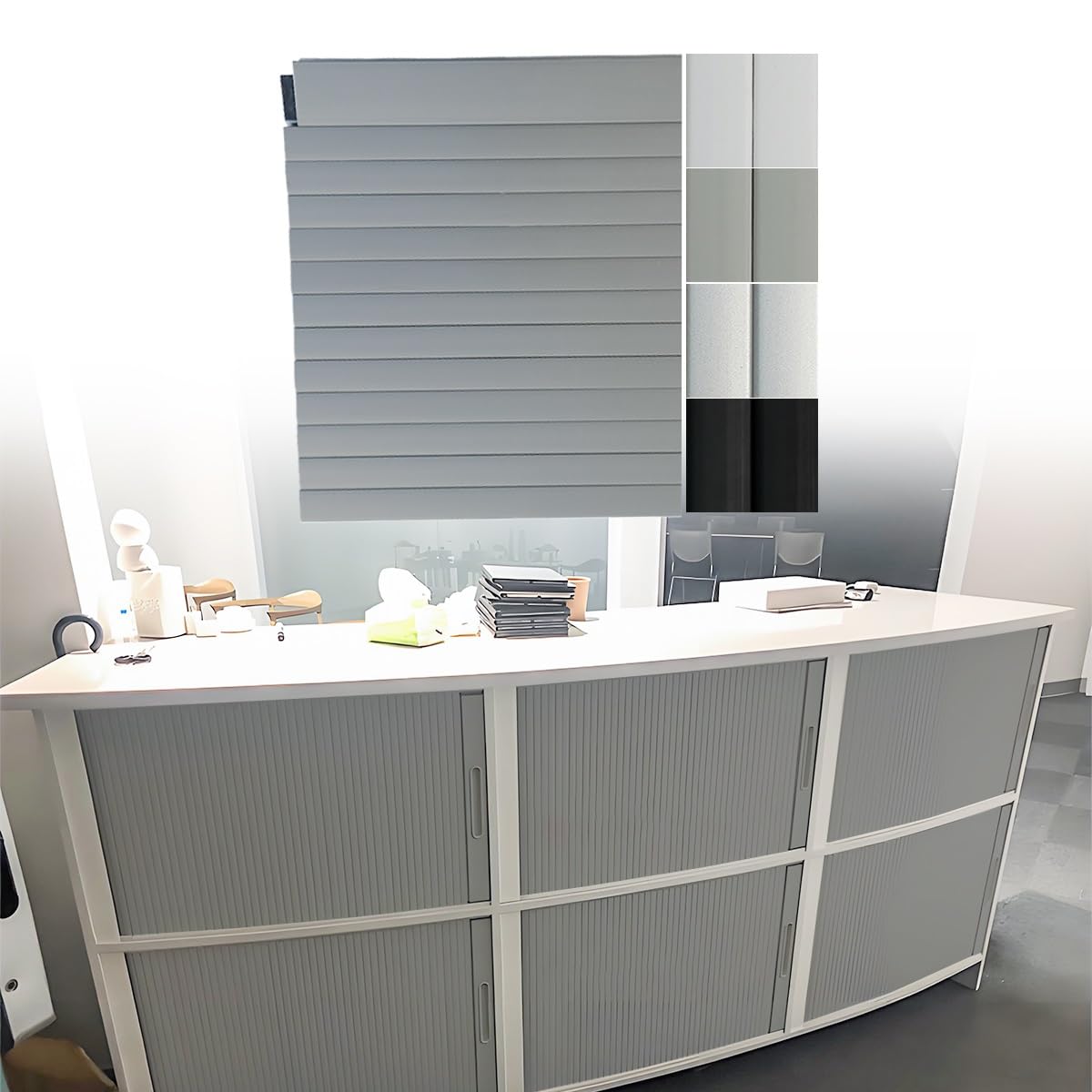 Roll Up Cabinet Doors, Folding Closet Door Replacement with Handle, Customizable ABS Kitchen Sliding Rolling Shutter Doors with Assembly Hardware, Easy to Install, W*H_85x85cm (33.5x33.5), Grey