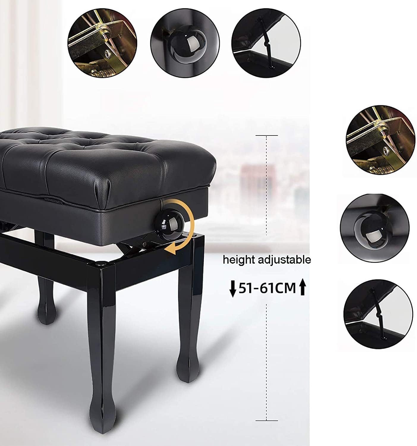 Ława do pianina z regulacją wysokości, wyściełana pojedyncza ława do pianina, konstrukcja ze schowkiem na nuty, praktyczna i funkcjonalna (null black) (czarny)