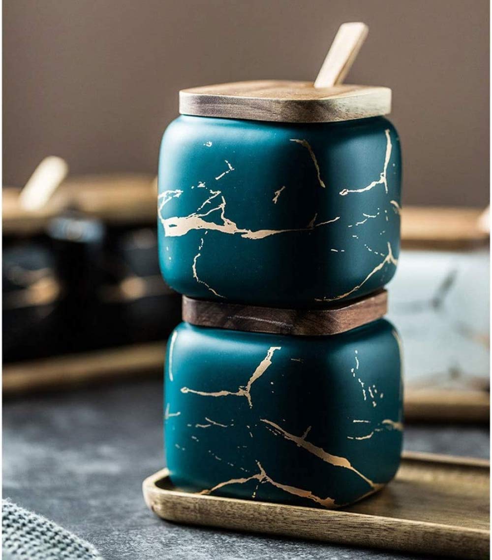 Lot de pots à épices en céramique avec cuillères de service et plateau – Texture marbre finition mate pour condiments et assaisonnements
