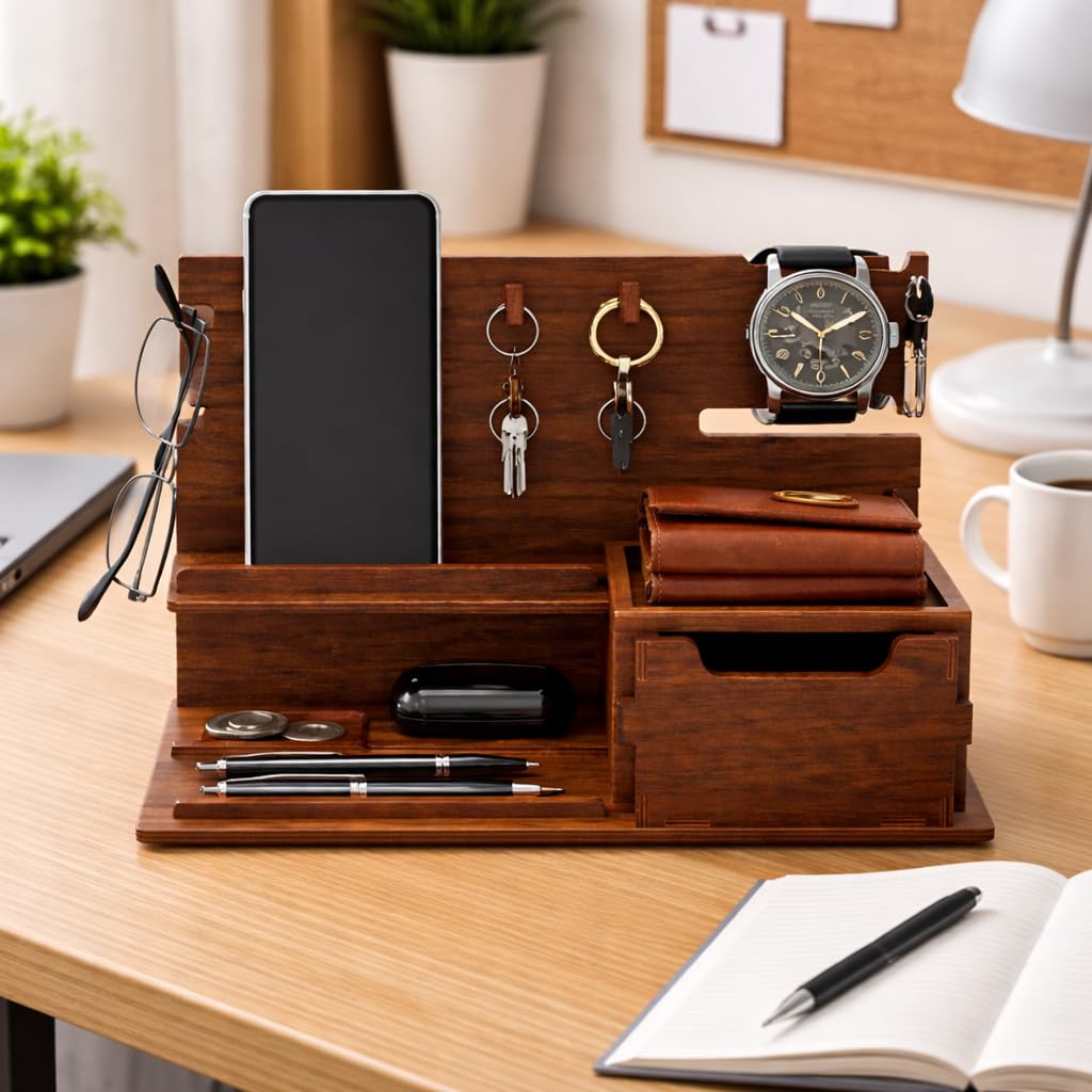 FA6 Wooden Desk Organizer with Drawer & Phone Stand | Multipurpose Office Table Storage Holder | Compact Tabletop Organizer (11 x 8 x 6 Inch, Walnut Finish)