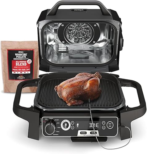 Ninja OG751BRN Woodfire Pro - Parrilla y ahumador para exteriores con termómetro integrado, parrilla principal 7 en 1, ahumador de barbacoa, disponible en Yaxa El Salvador