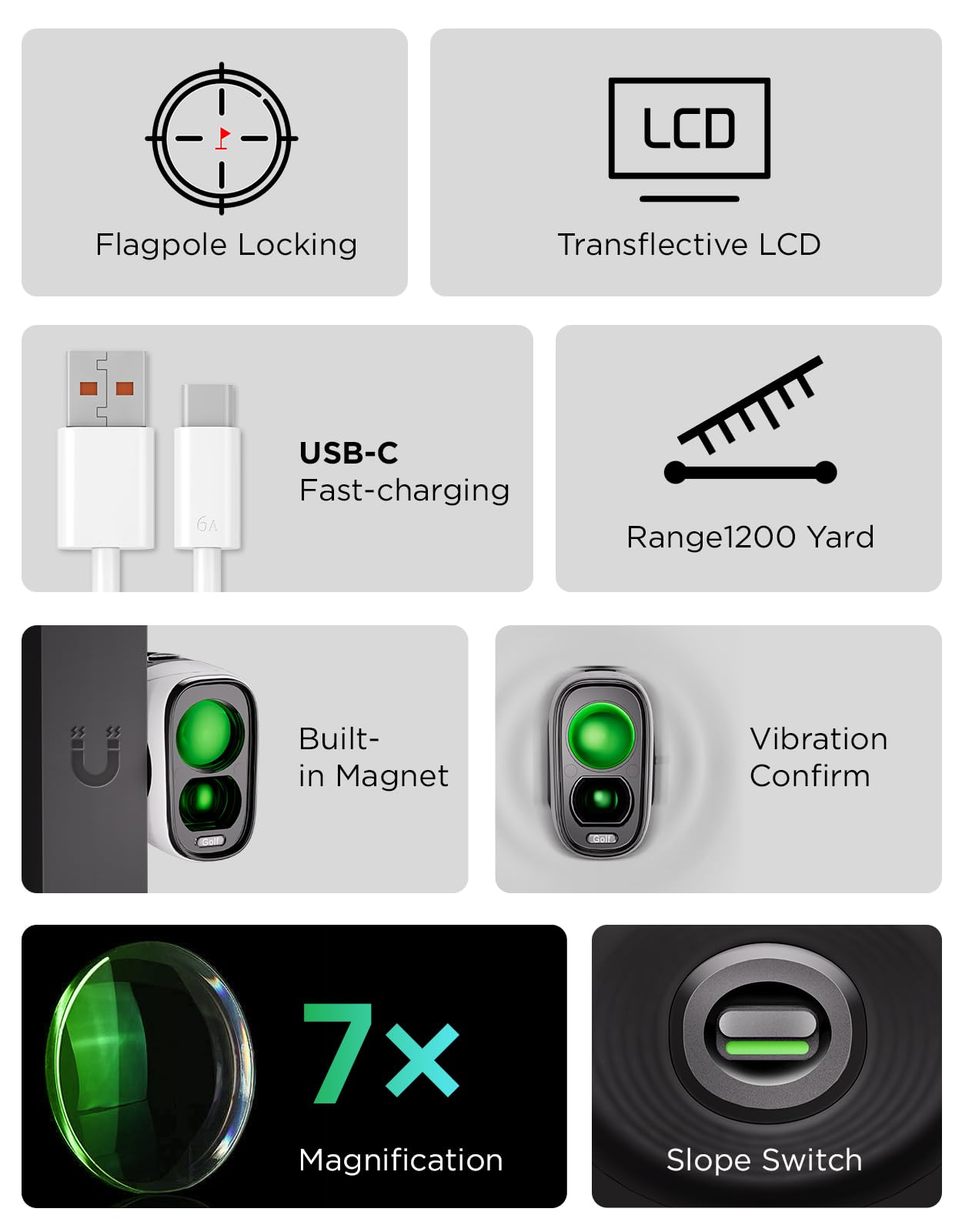 Télémètre de golf avec pente, télémètre laser 1200Y pour golf, grossissement 7x, verrouillage du drapeau avec vibration, aimant puissant, écran ultra clair, rechargeable USB-C, étanche