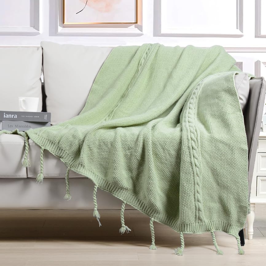 Manta de punto trenzado con borla hecha a mano, suave y acogedora decoración del hogar, manta de punto bohemio de panal para cama, sofá, 50 x 60