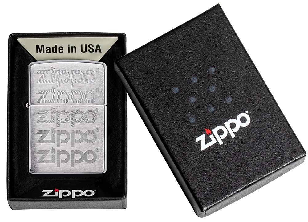 Zippo Encendedor a Prueba de Viento - Diseño de Logo - Grabado Automático en Acabado Cromo Cepillado - Recargable - Reutilizable - Diseño a Prueba de Viento - Caja de Regalo - Hecho en EEUU