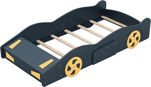Miniatura 6 de P PURLOVE Cama de plataforma con forma de auto de carreras de tamaño individual con almacenamiento para niños, marco de cama de automóvil de madera