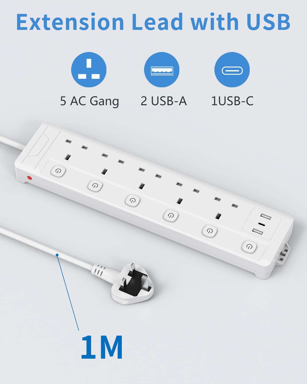 Extension Lead 1M 5 Way with 3 USB Slots (2 USB-A,1 USB-C), Individually Switched Extension Lead with USB Slots - Image 2
