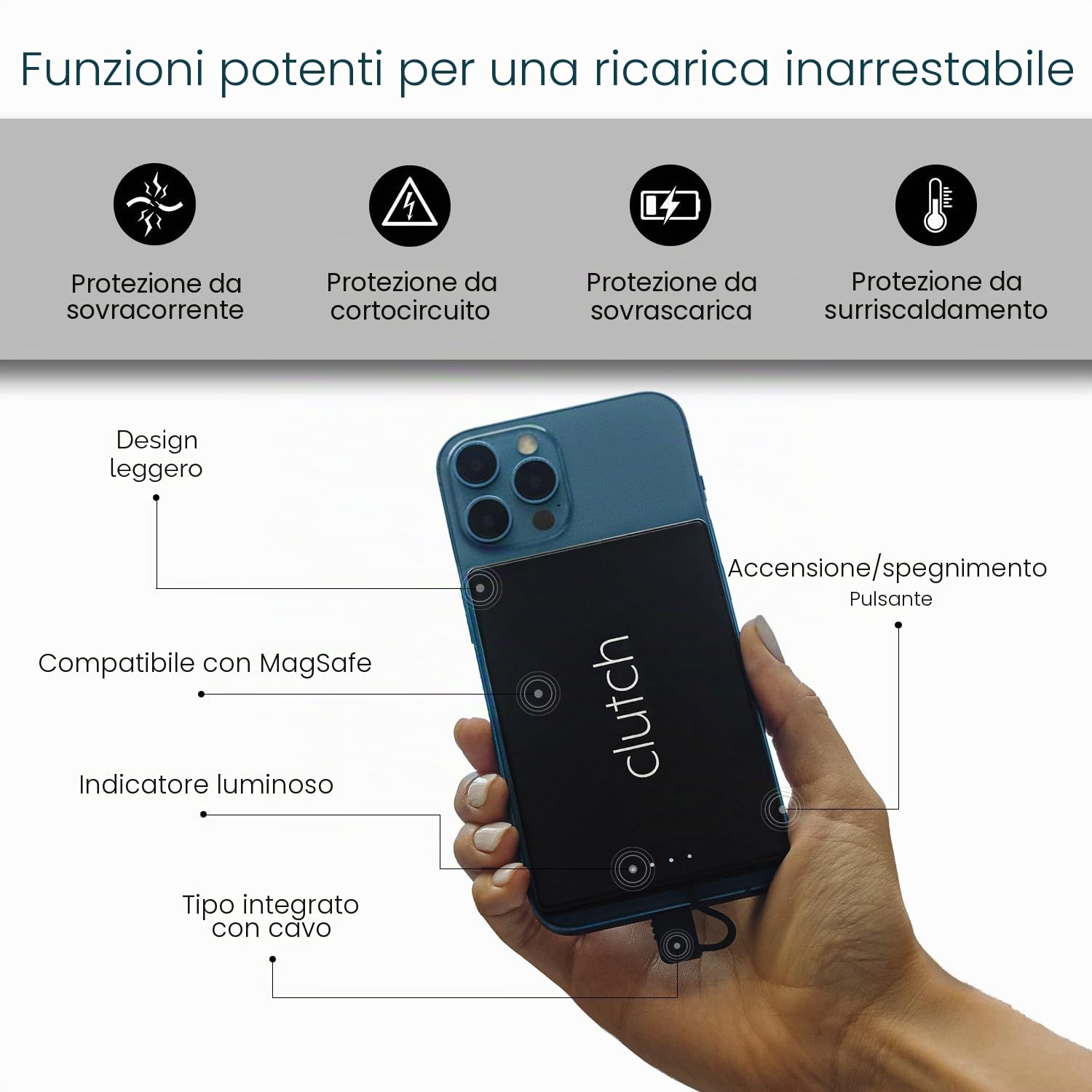 Clutch Pro – Caricabatterie portatile più sottile al mondo – Power Bank USB-C 5000 mAh – Cavo magnetico integrato – Caricabatterie da viaggio approvato TSA – iPhone 15/16/17 e Android – Nero
