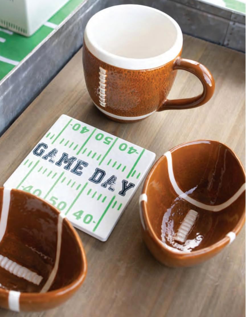 Boston International Serving Tray Football Party Ceramic Condiment Server Platter with Three Bowls, 10 x 6-Inches, Football Fever