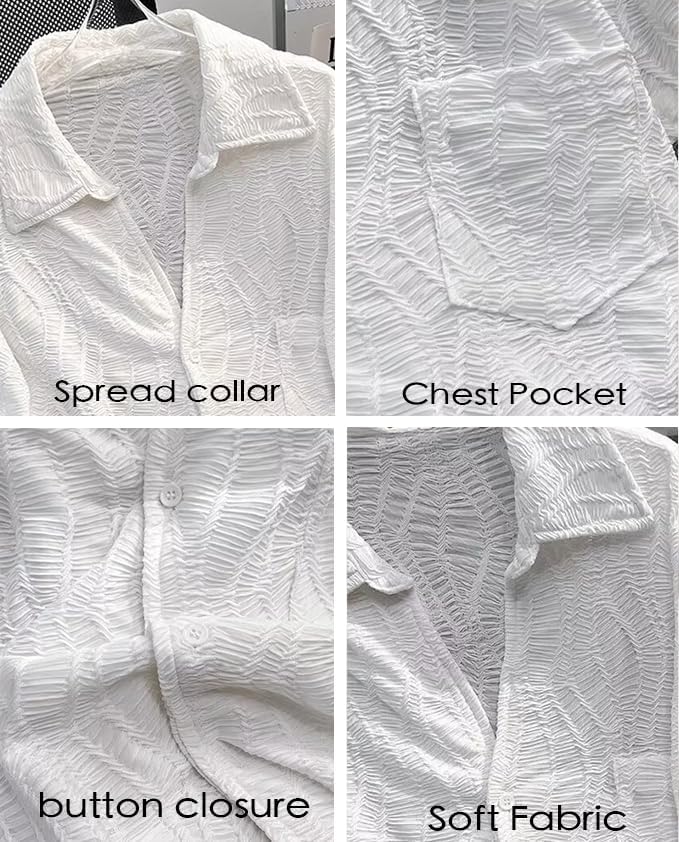 Men's Casual Button Down Shirts Jacquard Short Sleeve Solid Color Shirt Summer Beach Tops with Camp Collar4