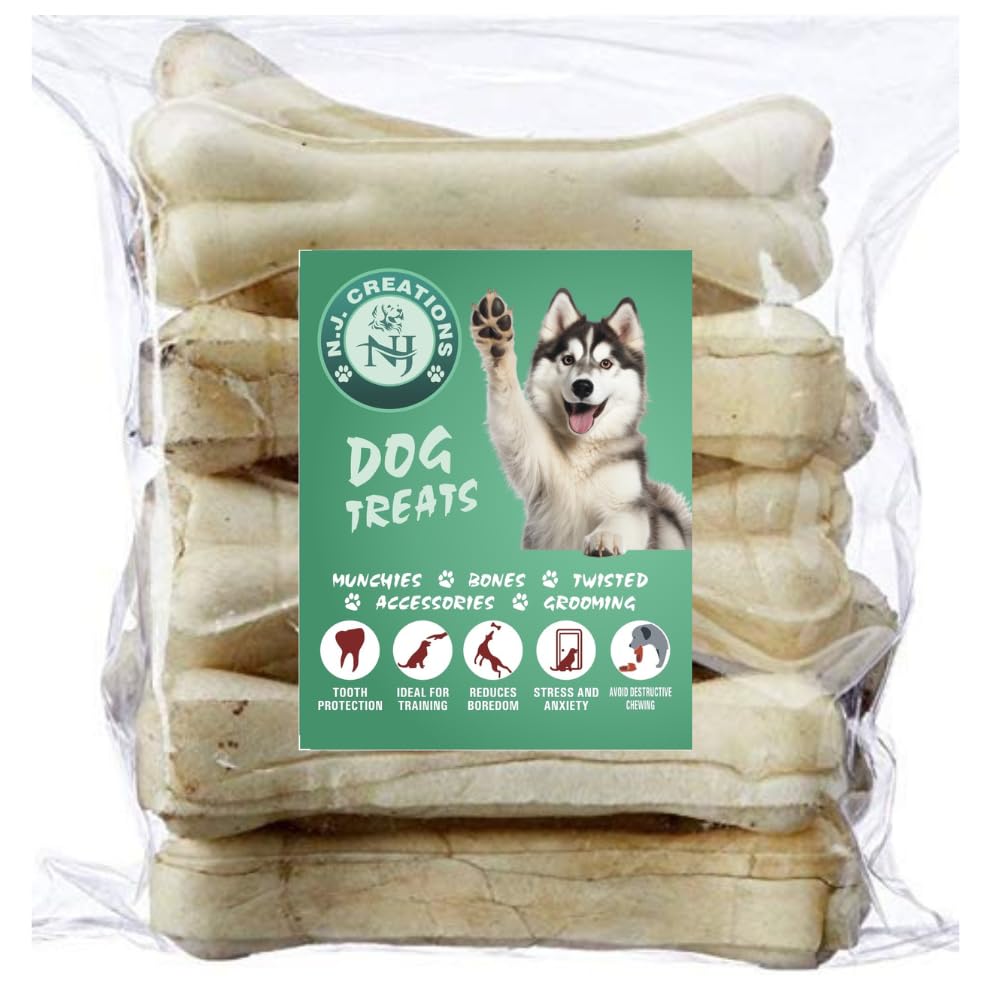 N.J Creations Rawhide Pressed Bones| Chicken Flavour Dog Chew 8 Inch Calcium Bone for Dogs| Young, Adult Dogs of All Breeds| Healthy Treats for Dogs to Chew (8Inch- 5 Grams)