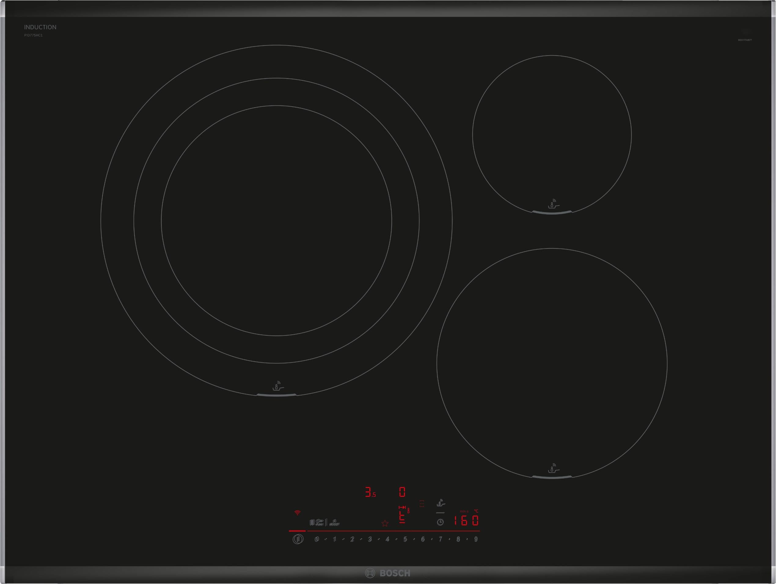 Bosch - Placa de Inducción, 70 cm, Serie 6, 3 Zonas de Cocción, Electrónica DirectSelect, PerfectFry Plus, Home Connect, Negro, PID775HC1E