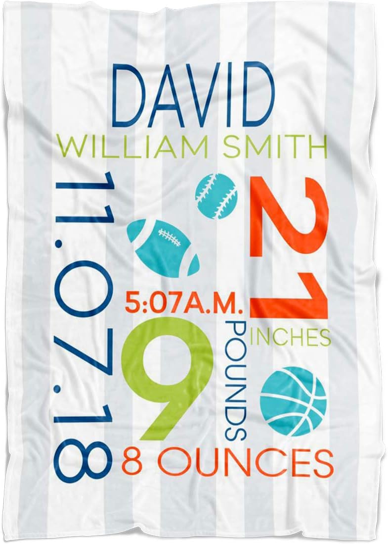 Personalized Baby Blanket with Birth Information for Girls and Boys. Customized Name Blanket from Baby's Name, Date of Birth, Weight, Length... Gift for New Born Baby, New Dad Mom (Boy-Sport)