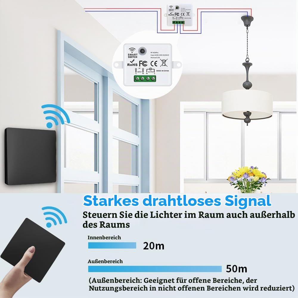 Funkschalter 230V Funk Lichtschalter Batterielose Set Funk-Sender-Sicherheitsschalter und Empfänger-Controller 10A, Funk Schalter Licht, Keine Verkabelung, Funk-Lichtschalter (4 Way Kit)