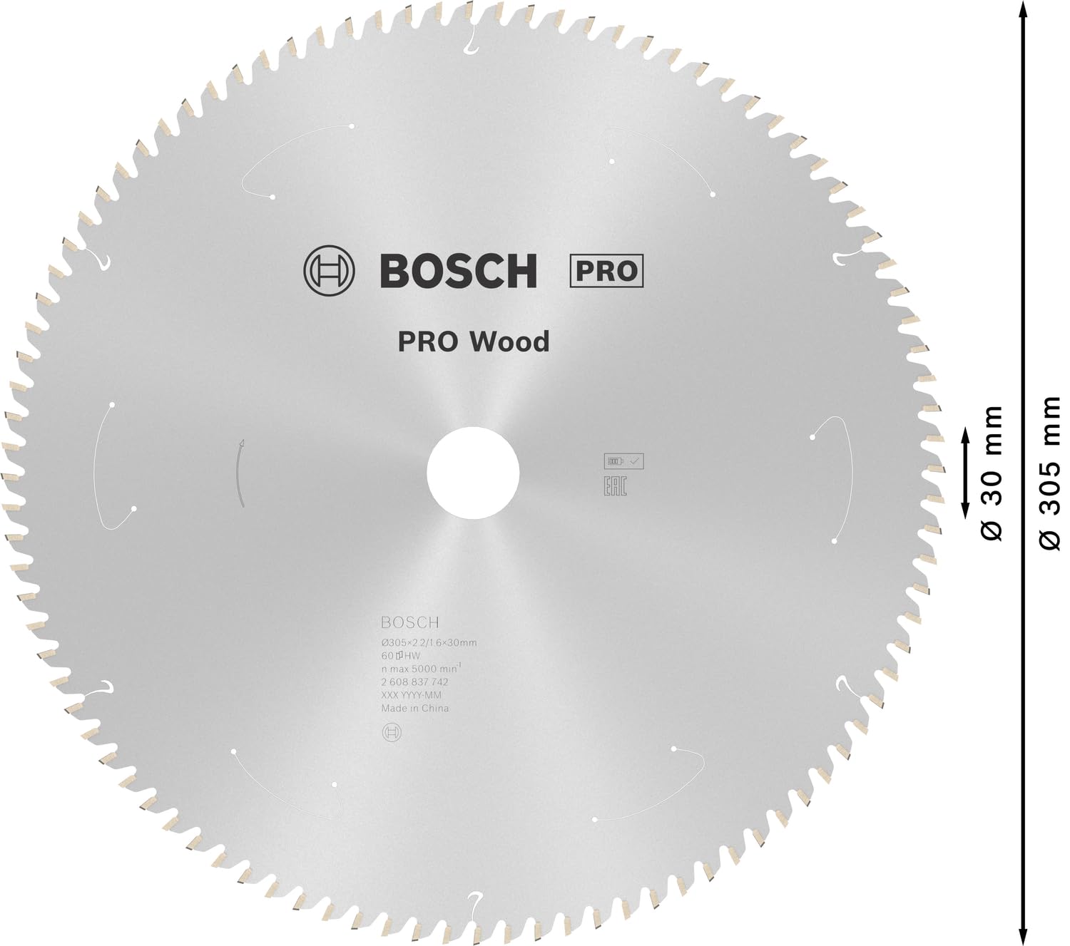 Bosch Accessories Lama Per Sega Circolare Standard For Wood (Legno, 305 x 30 x 2.2 mm, 60 Denti, Accessorio Per Sega Circolare A Batteria)