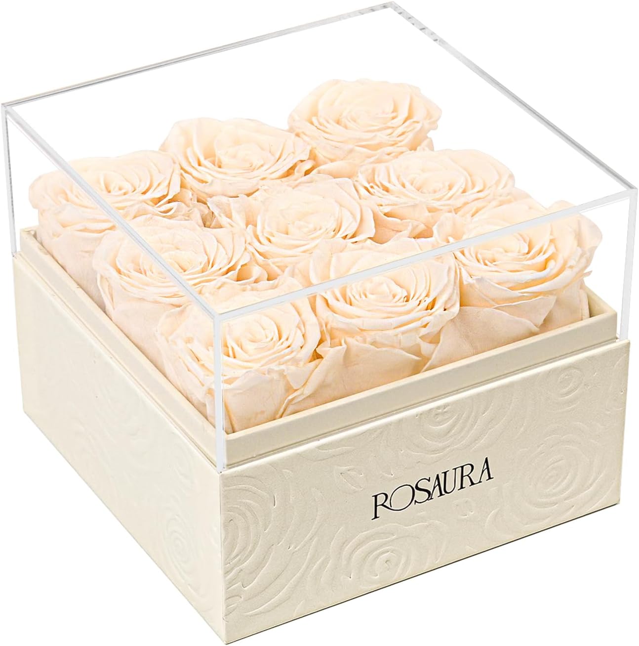Rosaura Square Preserved Roses Gift Box - Real Forever Flowers in Clear Acrylic Lid, Valentine's for Women (Champagne, 9 Roses)