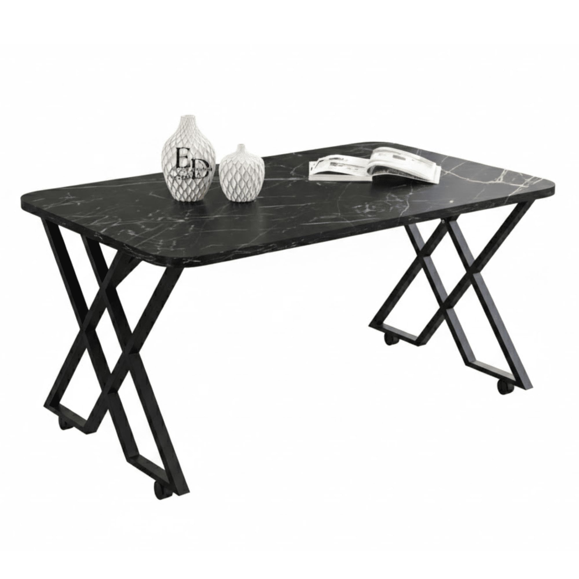 EMIDECO Table Basse rectangulaire marbre Noir métal Noir Pieds croisés – Table Salon Moderne avec roulettes ou Patins – Table Basse Design contemporaine – Meuble Salon élégant Robuste