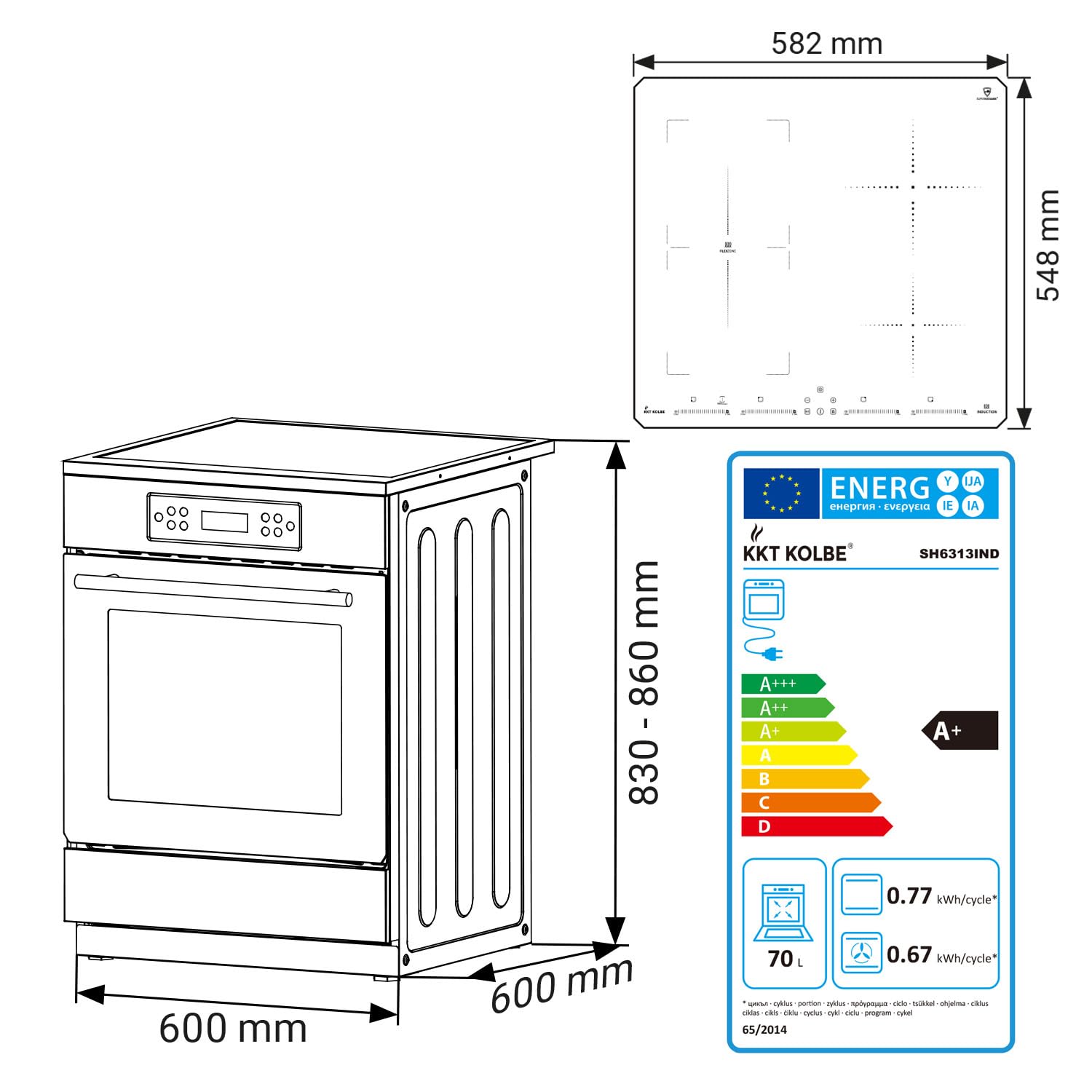 Freestanding cooker set 60 cm built-in oven 58 cm induction hob zones flex heat rotating automatic timer glass thermal insulation child safety touch control SH6313IND