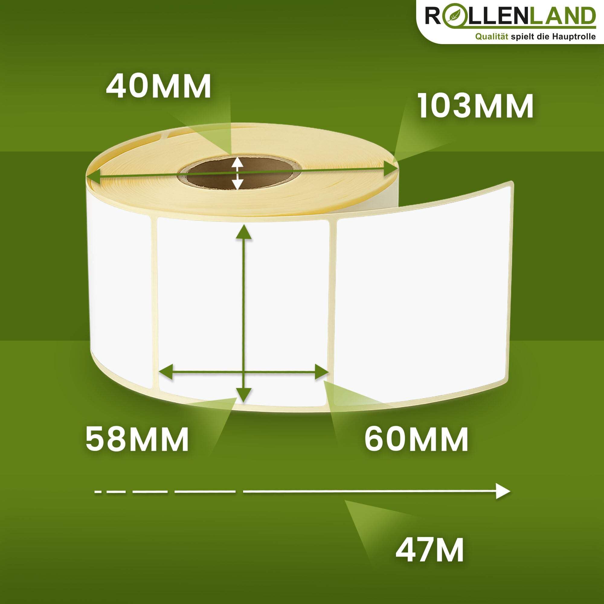 ROLLENLAND 24 Thermoetiketten 58x60x40 [47 m Lauflänge & Blanko] Selbstklebende Etikettenrollen, Thermopapier 58 mm, Etiketten für Waagen und Gastronomie