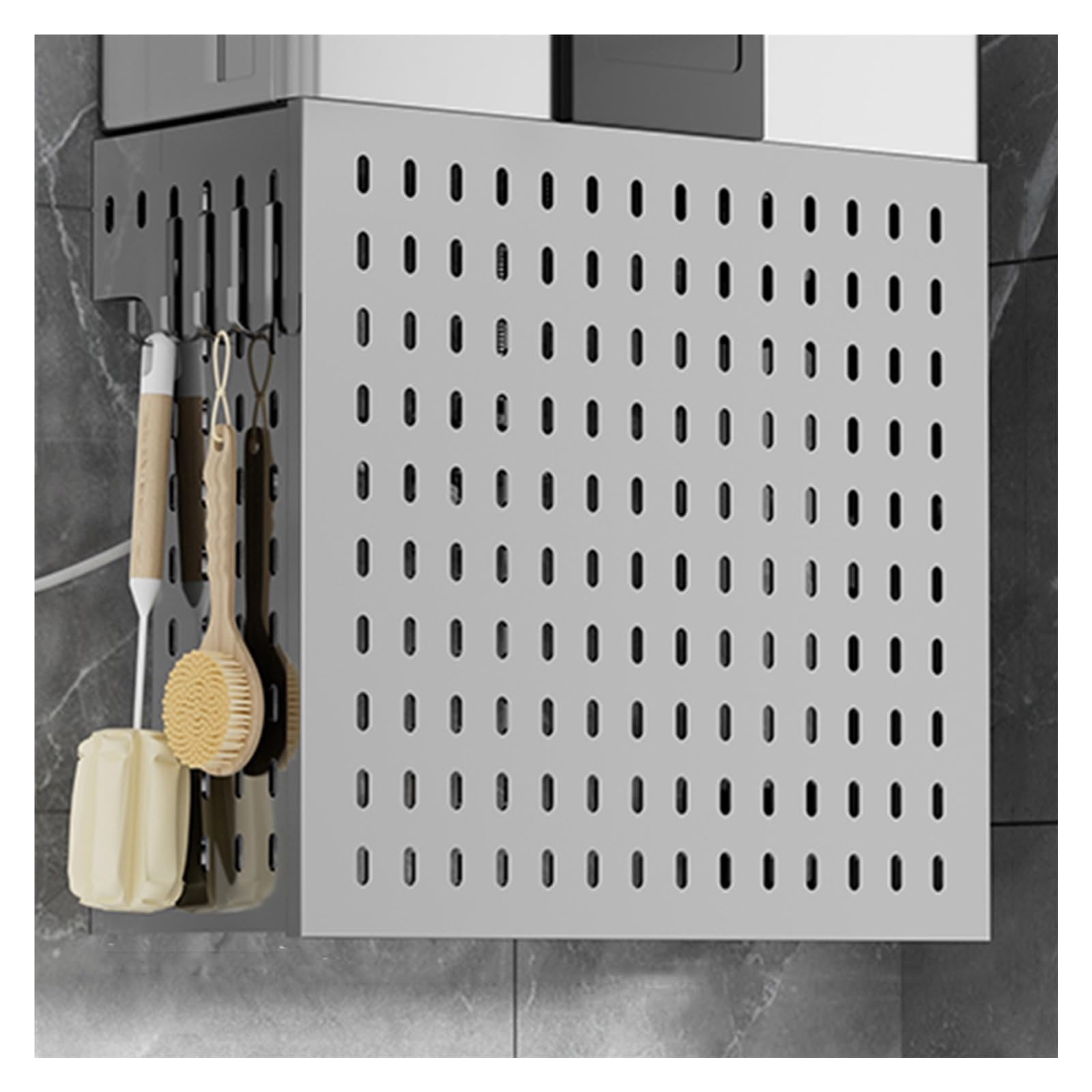 Kit Organizer per Pannello Forato da Parete con 4 Ganci, Pannello Forato Decorativo per casa, Ufficio e scaldabagno a Gas, Grigio 35x17x40 cm, Soluzione di archiviazione Versatile