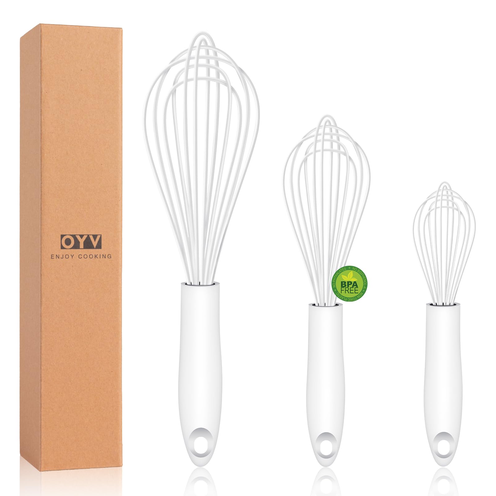 White Silicone Whisk, Sealed Waterproof Design Set of 3, Professional Kitchen Whisks for Cooking Non-Scratch, Silicone&Stainless Steel Whisk, Heat Resistant 480°F Rubber wisk, BPA free