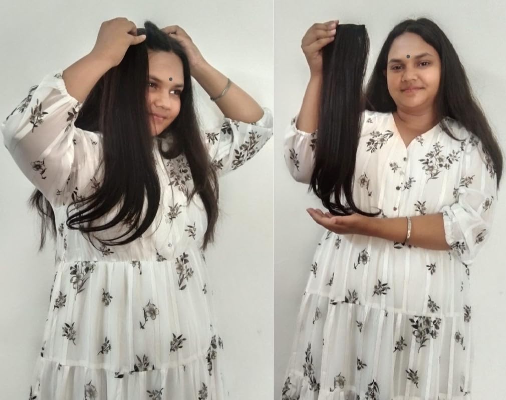 Tips & Tops Premium One Clip Invisible Hair Patch for Women | 100% Human Hair Extensions for Women & Girls | Lightweight, Seamless Blend, Clip-on Hair Enhancer Natural Look (Jet Black, 12 Inch)