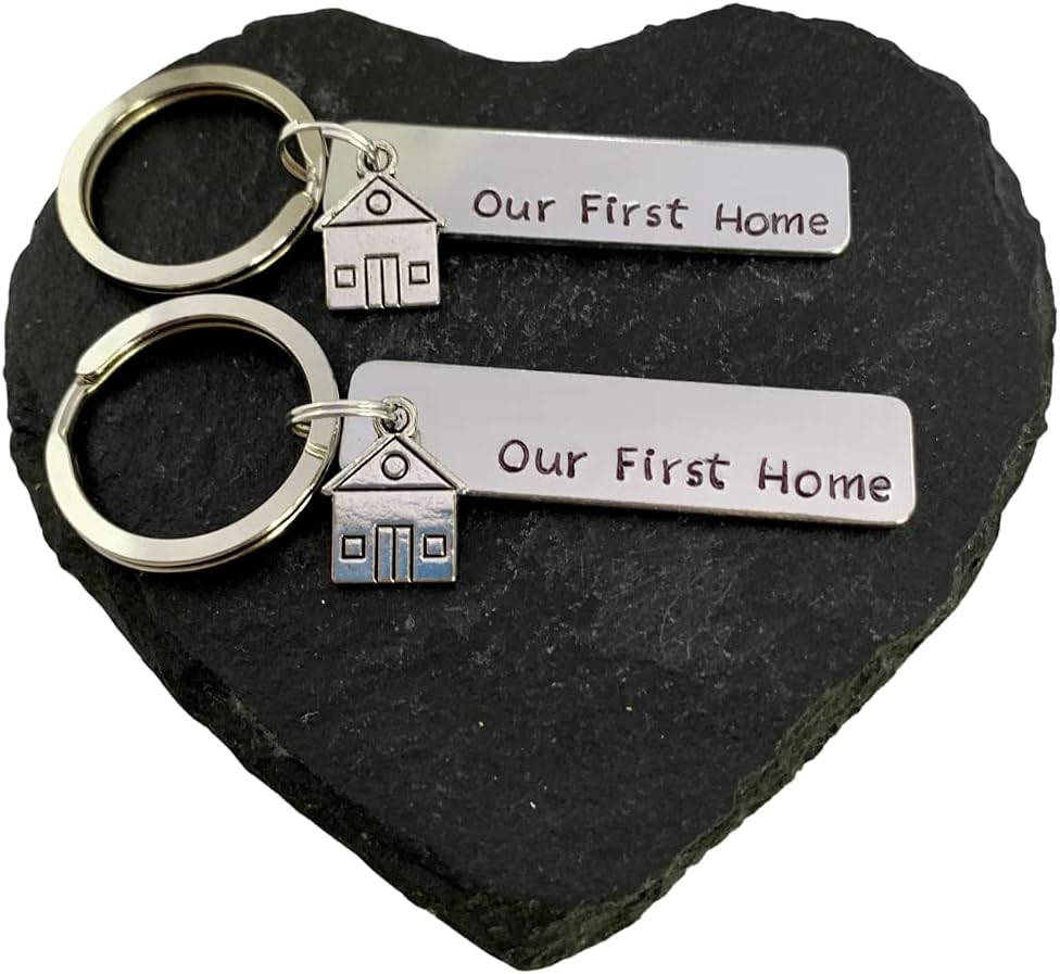 Our First Home Keychains Set of Two Aluminium HandStamped Silver Keyrings by BlueHawkDesigns
