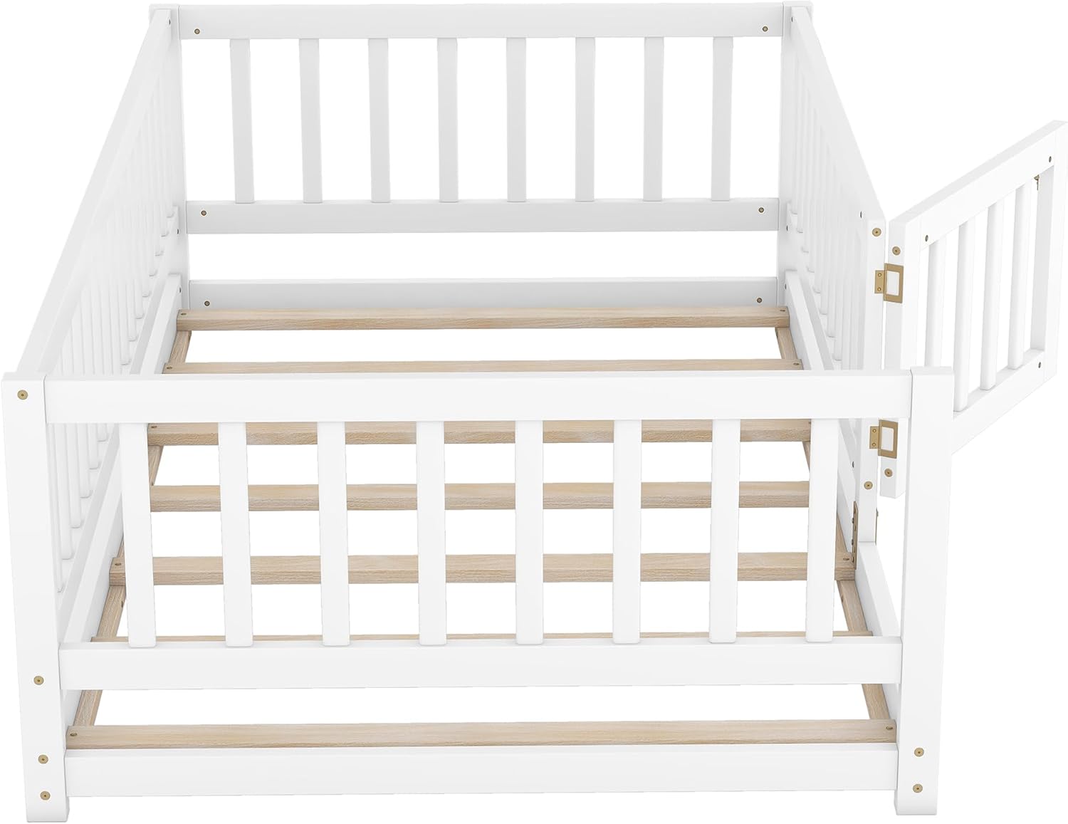 SOFTSEA Twin Floor Bed Frame with Slats and Safety Guardrail, Floor Bed Twin with Door for Boys Girls, No Box Spring Needed, White