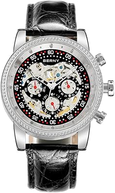 BERNY Mens Watch,Automatic Skeleton Watches for Men,Real Diamond Dial Multi-Function Waterproof Mens Wrist Watches Genuine Leather Strap