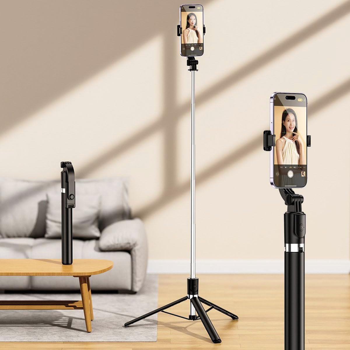 Statyw do telefonu 170.2 cm i kij do selfie, statyw podróżny do selfie iPhone, z uchwytem na telefon, obracany o 360°, wysuwany kij do selfie do iPhone'a do podróży, selfie, vloga, kompatybilny z
