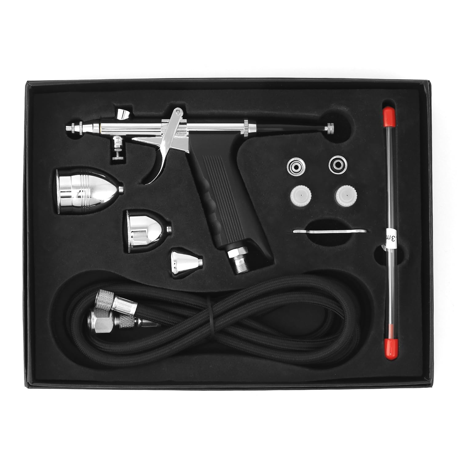 QWORK® Kit Pistola aerografo Professionale - Ugelli Proiettile 0,3 mm 0,5 mm 0,8 mm - Tazza Vernice 2 CC 5 CC 13 CC - Lunghezza Tubo 1,8 m
