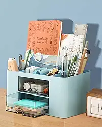 Organizador de mesa transparente de grande capacidade com gavetas - Caixa de armazenamento criativa minimalista para mesa de escritório, design transparente (azul) BLC1487-01