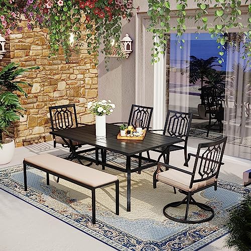 Mfstudio 6 Pieces Patio Dining Set, 2 X Cushioned Swivel Chair, 2 X Fixed Metal Dining Chair, 56" Cushioned Bench And 60" Patio Dining Table With 1.57" Umbrella Hole, Hexagon Pattern #TOP8