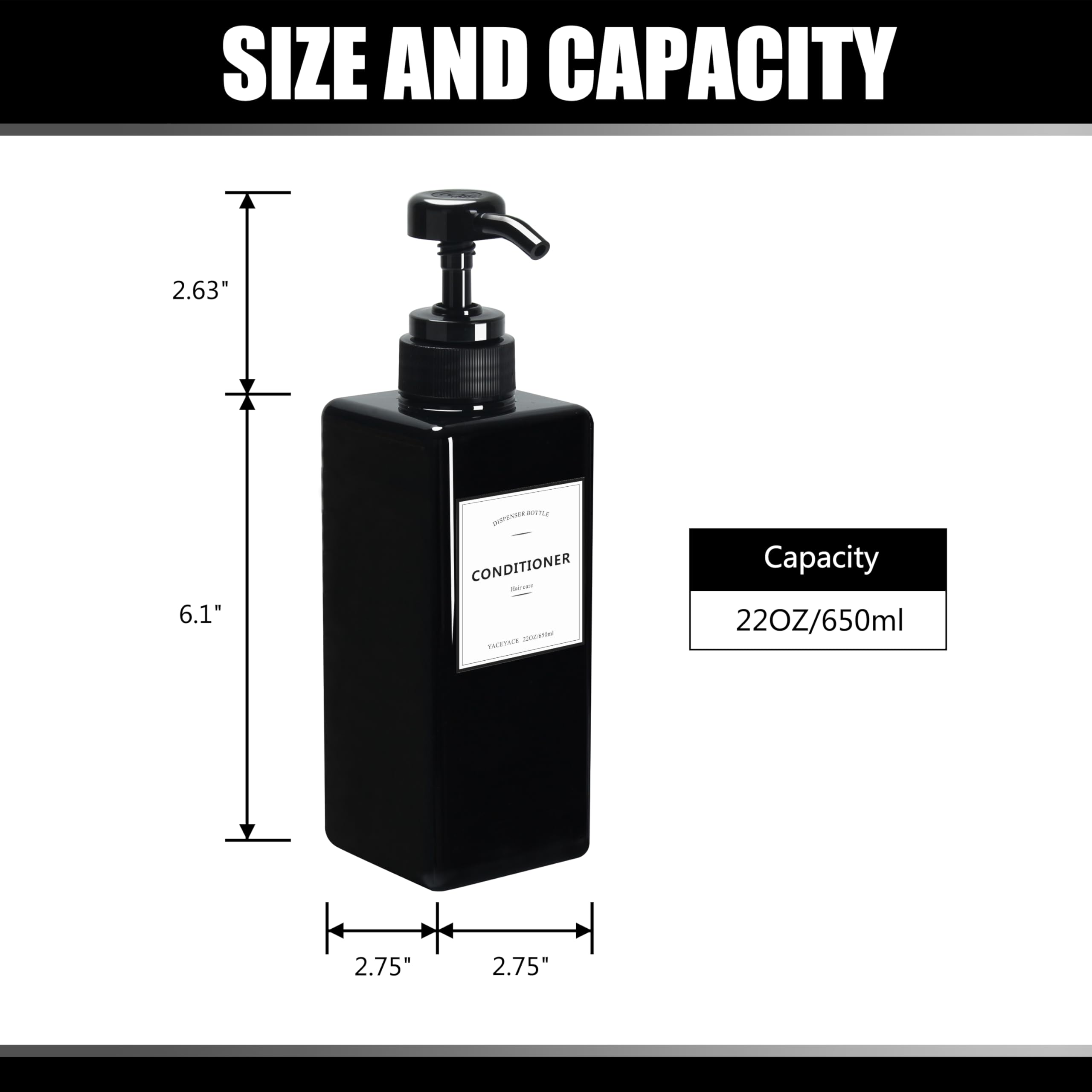 Soap Dispenser, YACEYACE 22oz Set of 3 Empty Hand Soap Dispenser for Kitchen,Black Shampoo and Conditioner Dispenser Set,Refillable Pump Soap Bottles