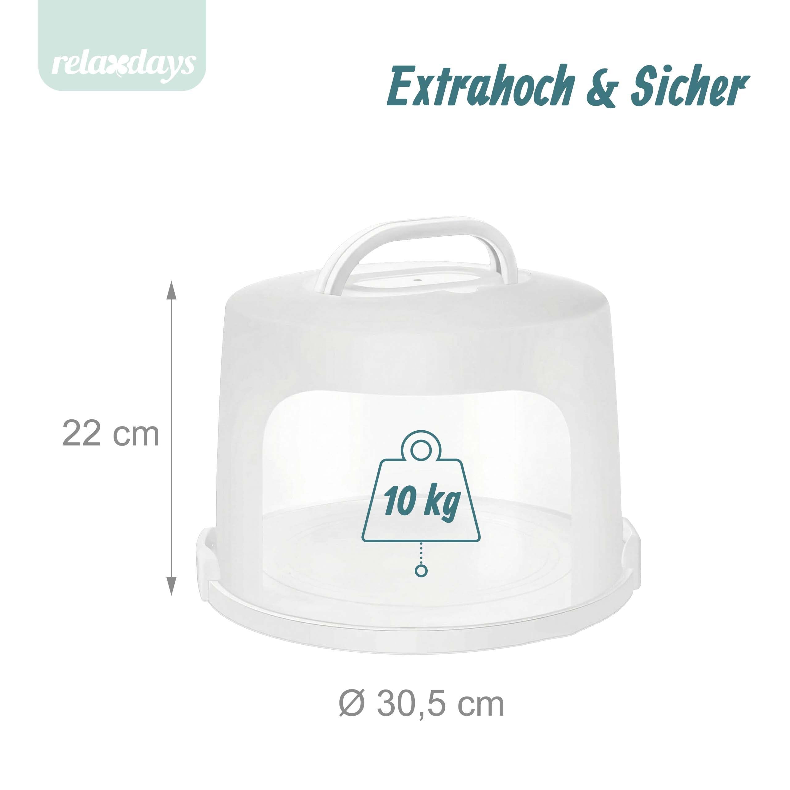 Relaxdays Tortenbehälter, extrahoch, bis 10 kg, luftdicht, Tortenglocke mit Griff, HxD 22 x 30,5 cm, Kuchenbox, weiß