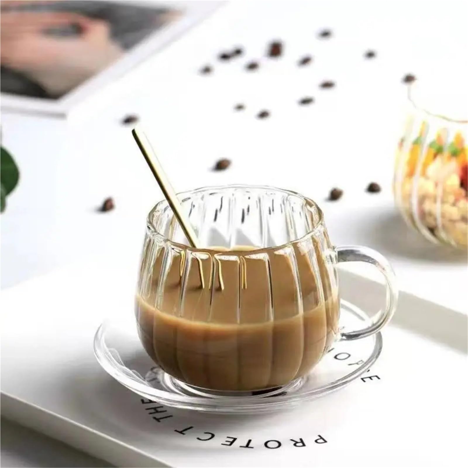 Glas Gestreifte Wasser Tasse Frühstück Haferflocken Milch Kaffee Tasse Haushalt Große Kapazität Tasse Wasser Tasse Mit Griff(350ml)