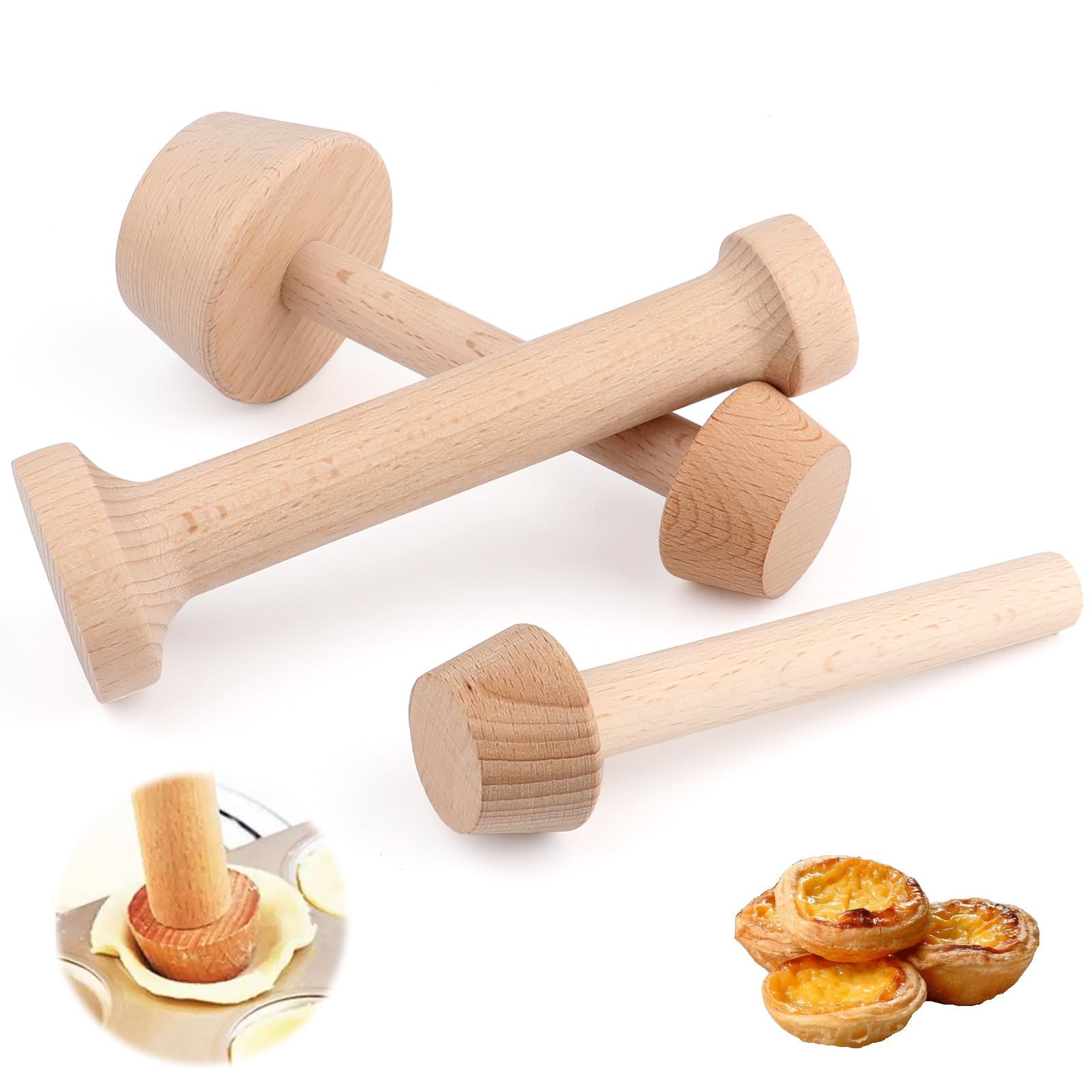Nexlynk 3 Pcs Wooden Tart Tamper Set, Double Sided Tart Tamper Tool, Natural Beech Wood Pastry Tamper Press, Tart Press Tool for Egg Tarts, Muffins, Pies and Quiche, Baking Tools Kitchen Accessories