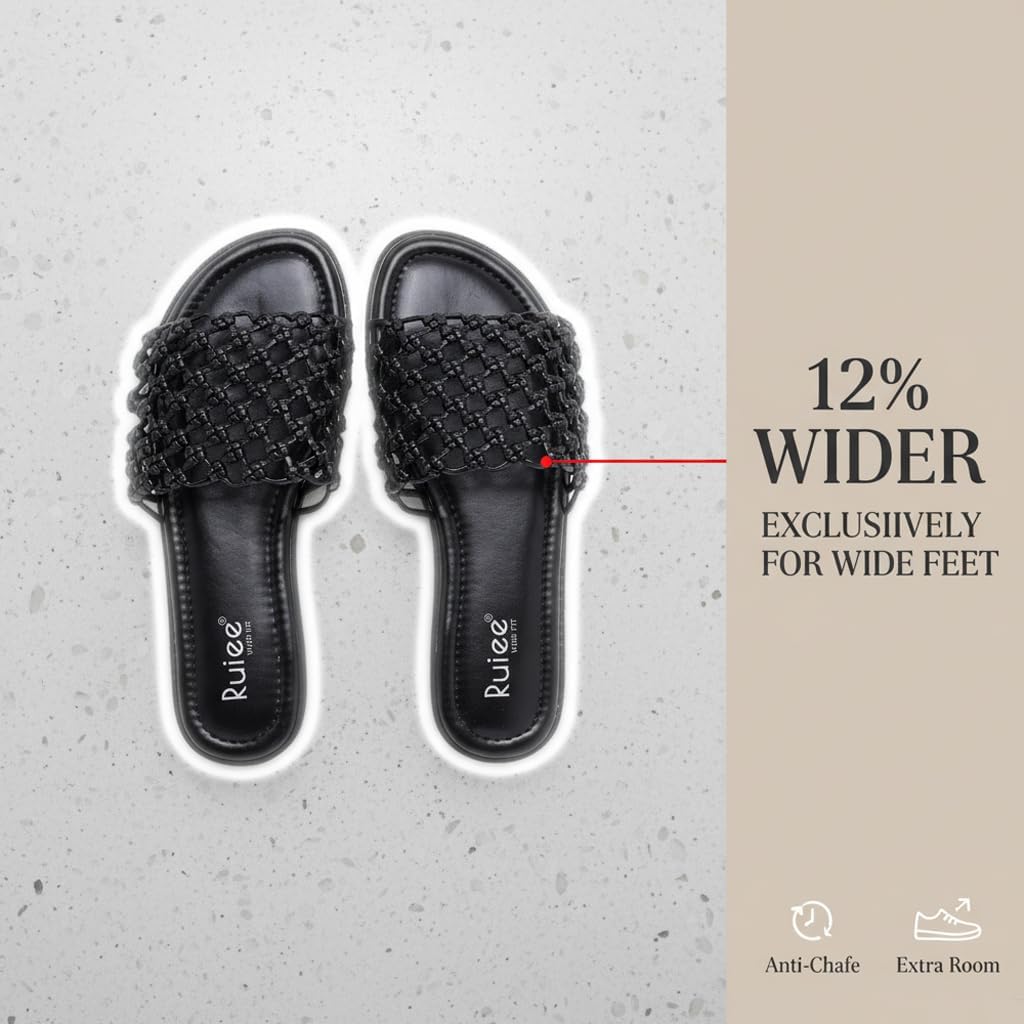 Ruiee Wide Width Flat Sandals for Women. | Wide Width Sandals, X-Wide Feet Slides, Summer Braided Flat Slides, Versatile, Fashion Comfort