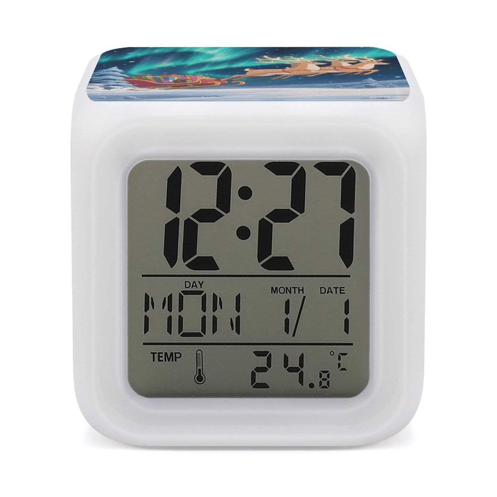 7 Color Ambient Night Light Cube Battery Operated Aurora Reindeer Team Digital Clock with Snooze Temperature LED Digital Alarm Clocks Dimmable Wake Up Light Portable Mood Lamp for Bedroom Desk Gift