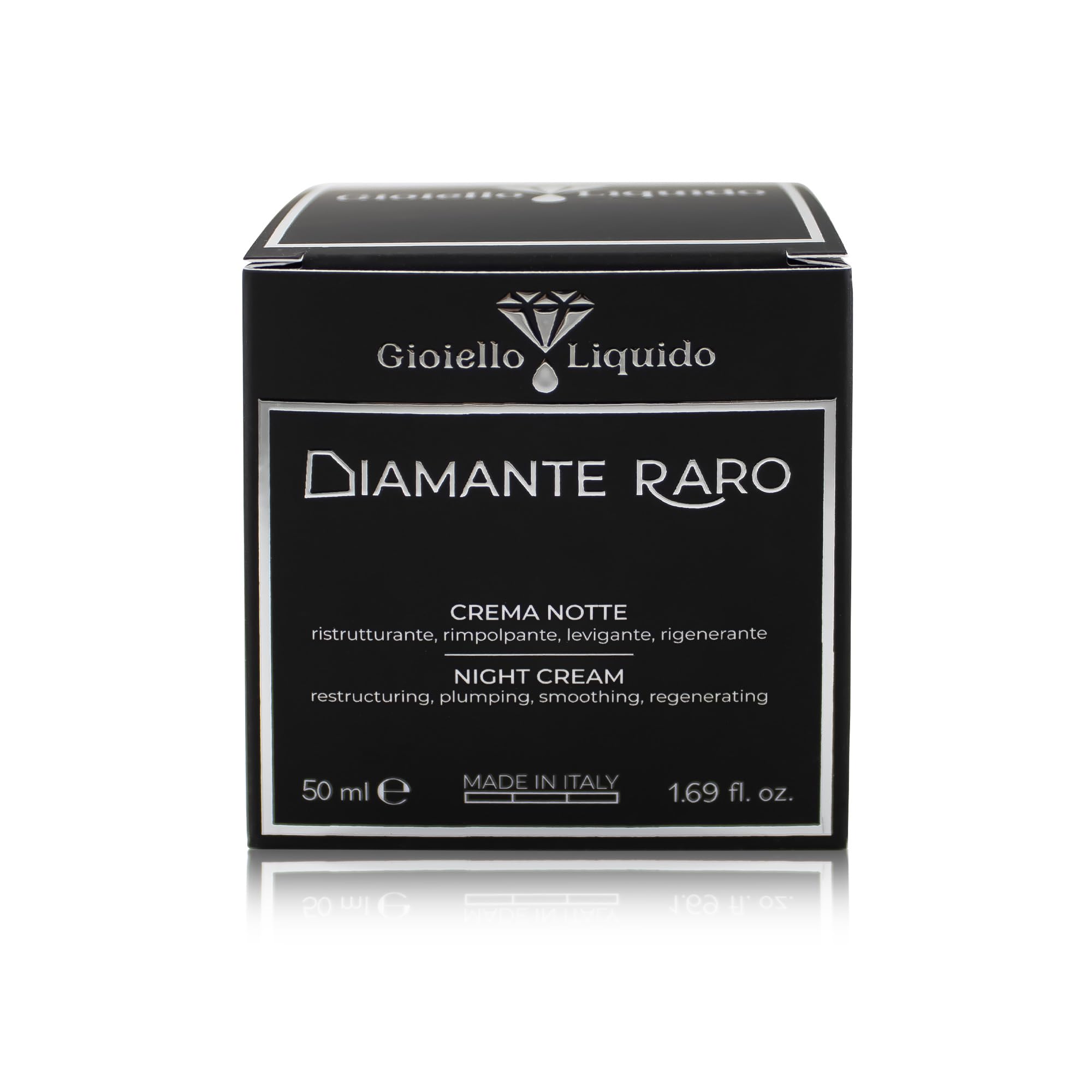 GIOIELLO LIQUIDO Crema Viso Notte Filler, Azione Antirughe Rivolumizzante con Polvere di Diamante, Caulerpa Lentillifera, Betaina e burro di cacao