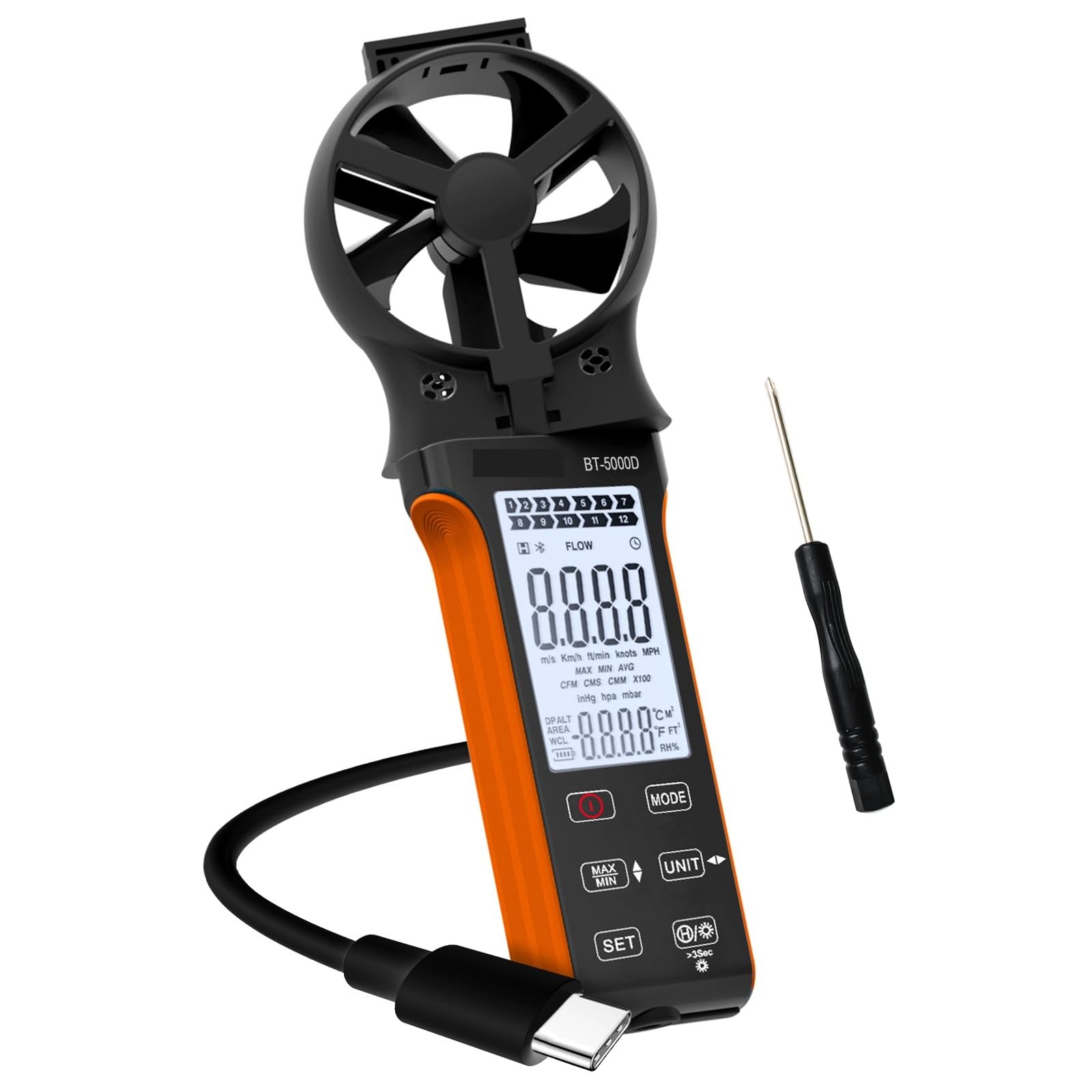 BT-5000D, anemómetro de mano, medidor de velocidad del viento CFM, con botón táctil impermeable, medidor de velocidad del aire.(DVPPS05)