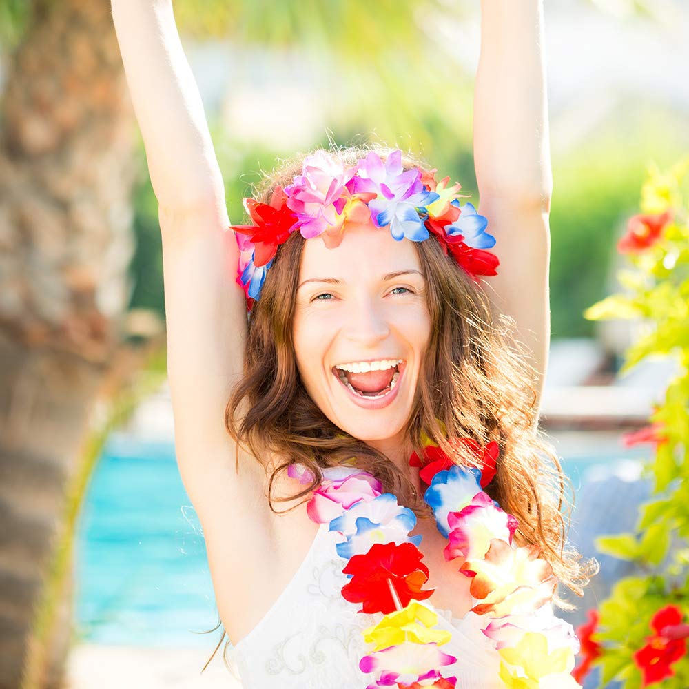 FEPITO 1 ensemble d'herbe hawaïenne, jupe hula avec fleur, collier, bandeau, bracelets, robe pour femme, jupe hawaïenne, faveurs de fête