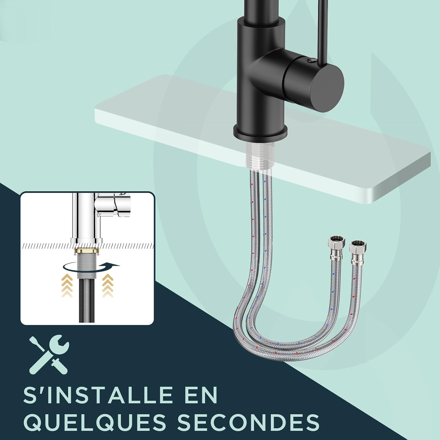 Diagram showing faucet installation with water lines and mounting hardware