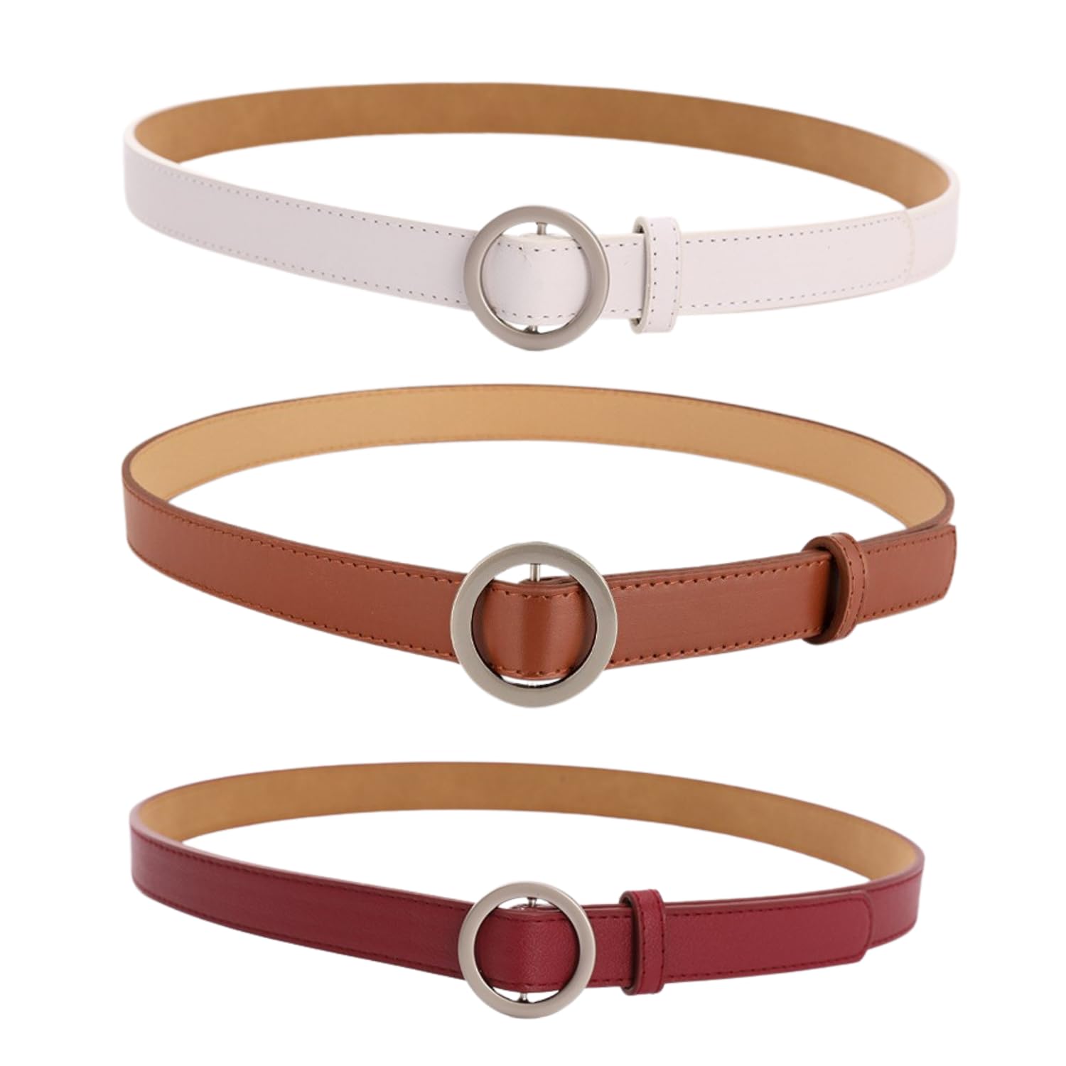 Women Slim Leather Belt with Round Buckle Adjustable Waist Belt for Ladies Casual Formal Office Jeans Dress (Pack of 3)-image-2