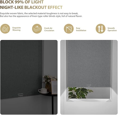 Miniatura 4 de Boolegon Persianas enrollables opacas para ventanas, persianas enrollables sin cordones de tela de lino con cenefa de cassette, aislamiento térmico,