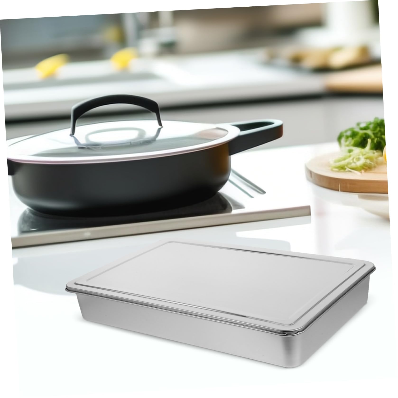 Moule Rectangulaire en Acier Inoxydable 43X28X6 CM Couvercle pour Cuisson de Gâteaux, Brownies et Conservation, Adapté Four Grille-